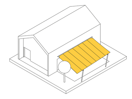 Variante E2: Das Sonnensegel wird mit einer Welle zum Aufrollen an der Wand und mit 2 Masten im Boden befestigt.