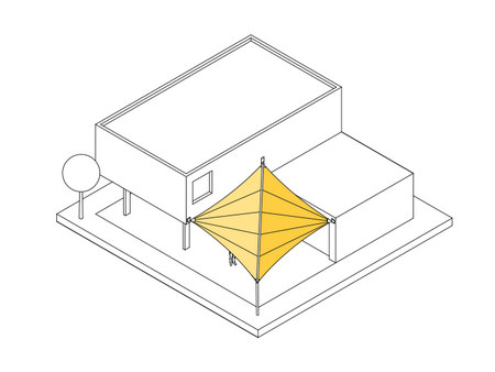 Variante C1: Das Sonnensegel wird mit 3 Wandplatte am Haus und mit 1 Masten im Boden befestigt.