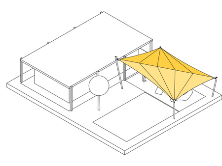 Variante D1: Das Sonnensegel wird freistehend mit 4 Masten im Boden befestigt.
